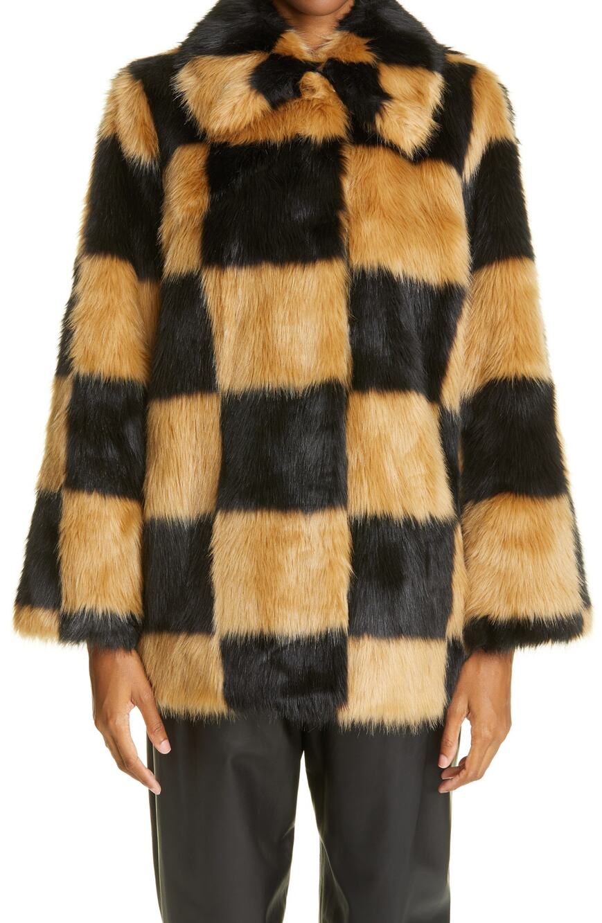 Stand Studio Checked Multicolor Maria Faux Fur Coat Size 2